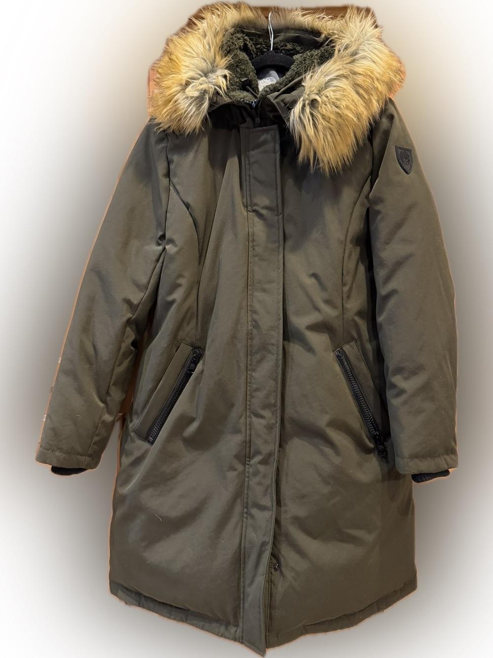 Vince Camuto Olive Down Puffer Parka Faux Fur Hood Winter Coat, size XL